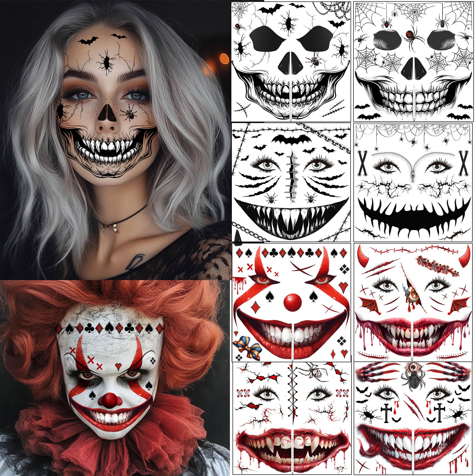 Skeleton Face Tattoo Halloween Cosplay Temporary Tattoo Stickers - Clown Horror Face Tattoos For Make Up - Large Size (A-10 Sheets)