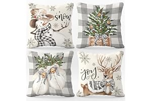 BoopZilla Set of 4 Christmas Pillow Covers 18x18 Inches, Winter Holiday Decorative Throw Pillow Covers, Cute Snowman-Reindeer-Mittens-Eucalyptus Design, Cozy Christmas Decor for Sofa Couch