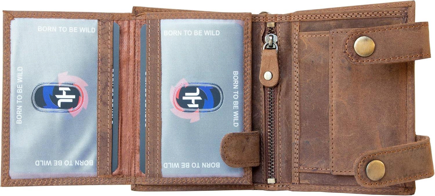 Born to be wild Men's Natural Genuine Leather Wallet with Metal Chain with Shark, Brown - Image 4
