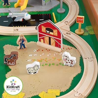 Buy Kidkraft Ride Around Town Wooden Train Set And Table With Helicopter Airplane Farm Storage Bins And 100 Pieces Compatible With Other Major Brand Trains Honey Gift For Ages 3 Online In