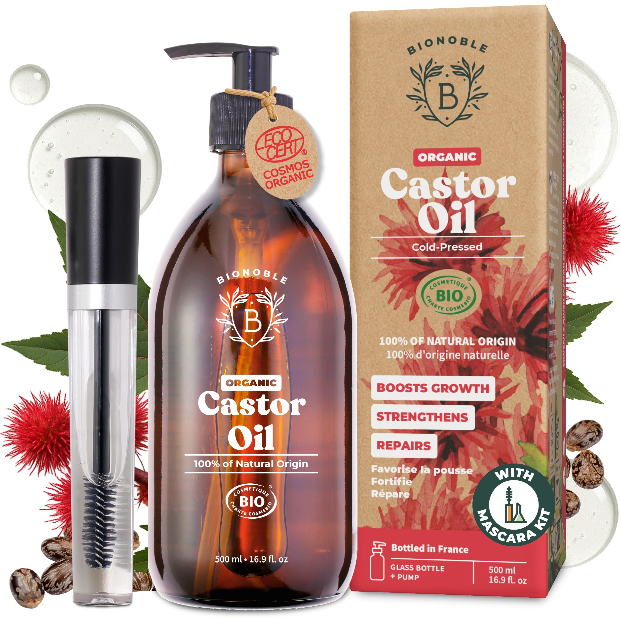 BIONOBLE Organic Castor Oil Cold Pressed + Mascara Kit - Hexane Free, 100% Natural - Pure Castor Oil Organic for Eyelashes, Hair Growth, Eyebrows, Skin, Face - Glass Bottle and Pump - 500ml