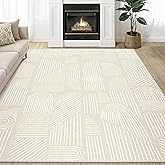 MUJOO 5x7 Washable Area Rug,Mid Century Modern Abstract Non Slip Low Pile Rug,Neutral Beige and White Rug for Living Room Bed