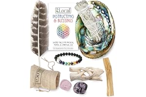 JL LOCAL Aura Chakra Smudging Kit - White Sage Smudge Sticks, Palo Santo, Amethyst, Rose Quartz, Abalone Shell, Stand & Chakra Bracelet