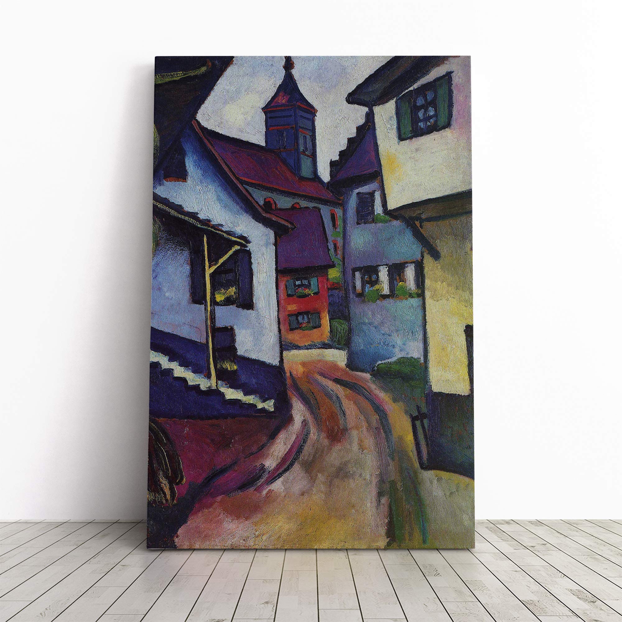 August Macke Street with Church Canvas Print | Gallery Wrapped 30mm Frame Wall Art | 20x14 inches | Ready to Hang | Modern Cityscape Picture | Living Room Bedroom Lounge Office