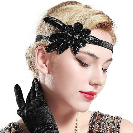 Babeyond 1920s Flapper Applique Headband Beaded Great Gatsby Headpiece Vintage 20s Flapper Gatsby Hair Accessories Black 1