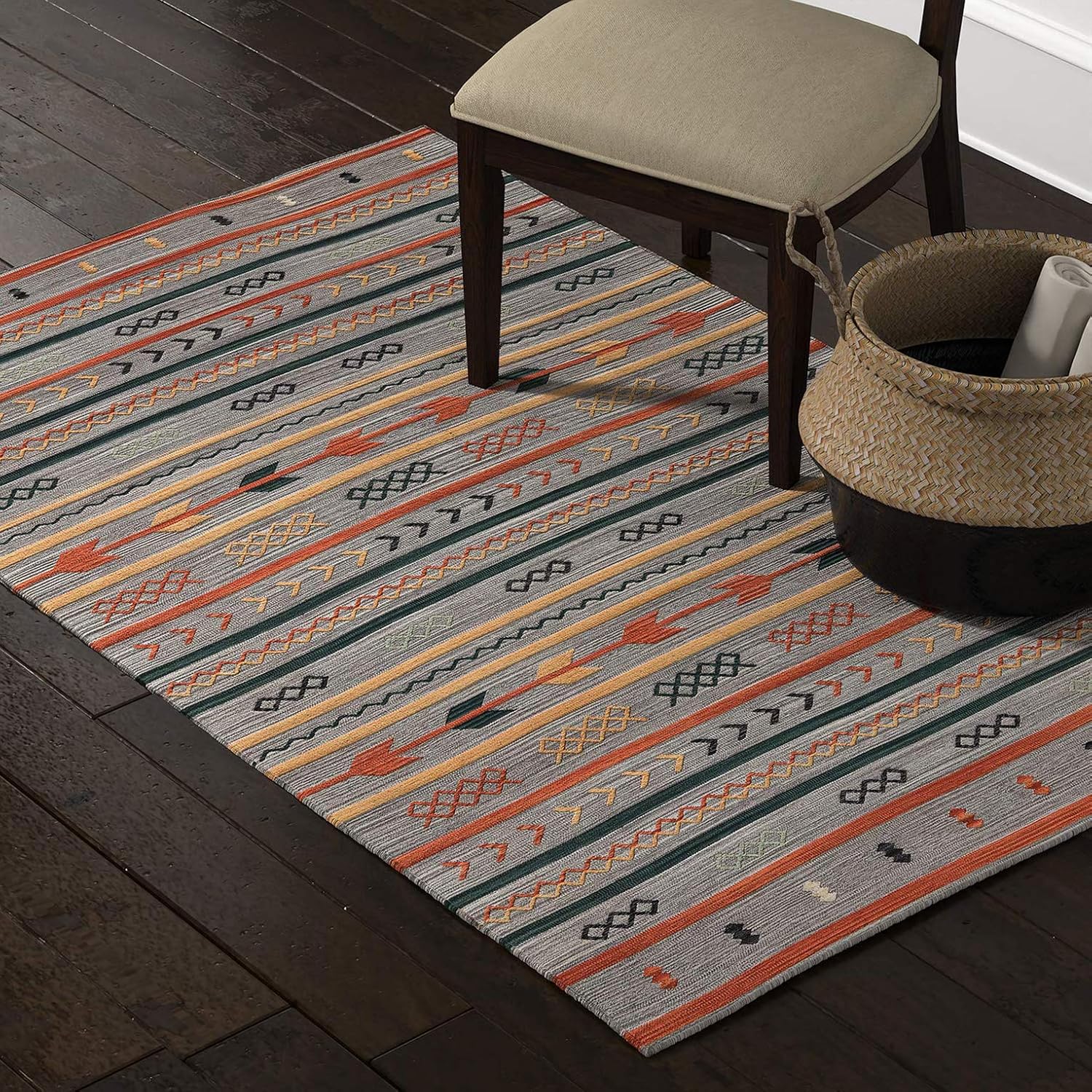Stone & Beam Casual Geometric Cotton Rug, 5' x 8', Flatweave, Gray, Orange, Blue