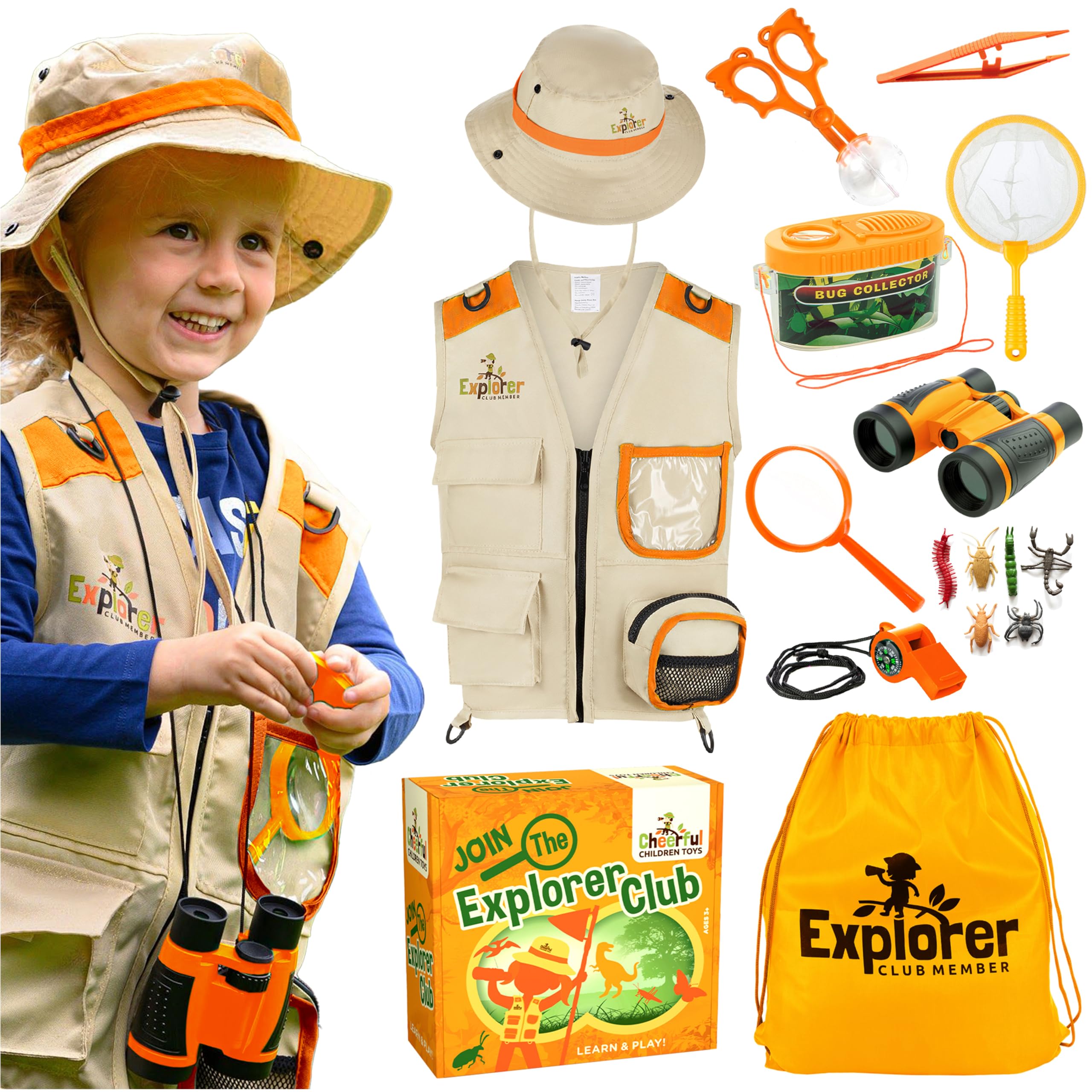 Kids Explorer Kit with Activity Book, Bug Hunting Kits for Children with Safari Vest, Zoo Keeper Hat & Kids Binoculars, Dress Up Toy for Nature & Insect Lovers Ages 3-7 (Orange)