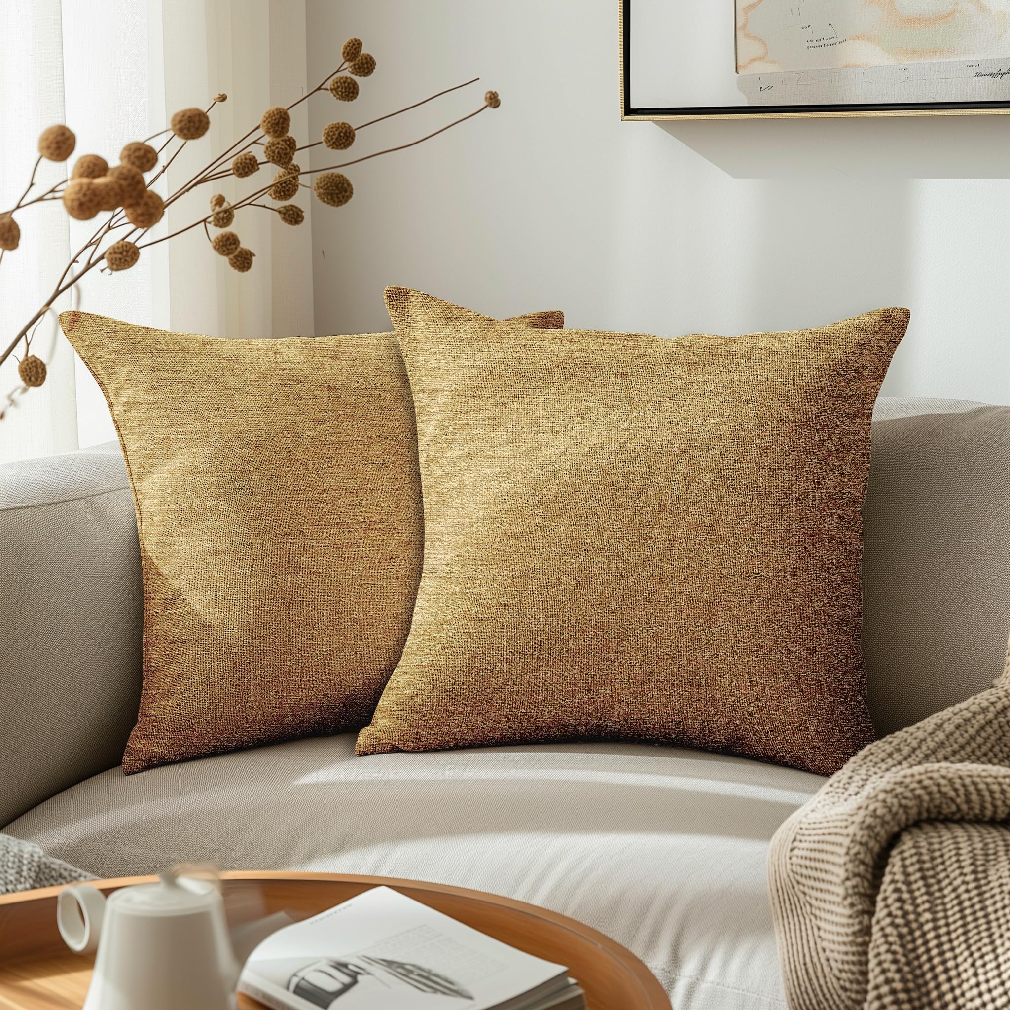 Encasa XO Fine Chenille Throw Pillow Covers 2 pcs Set - Gold- 50x50 cm Textured Solid Colour, Soft & Smooth, Square Accent Decorative Cushion for Couch, Sofa, Chair & Bed
