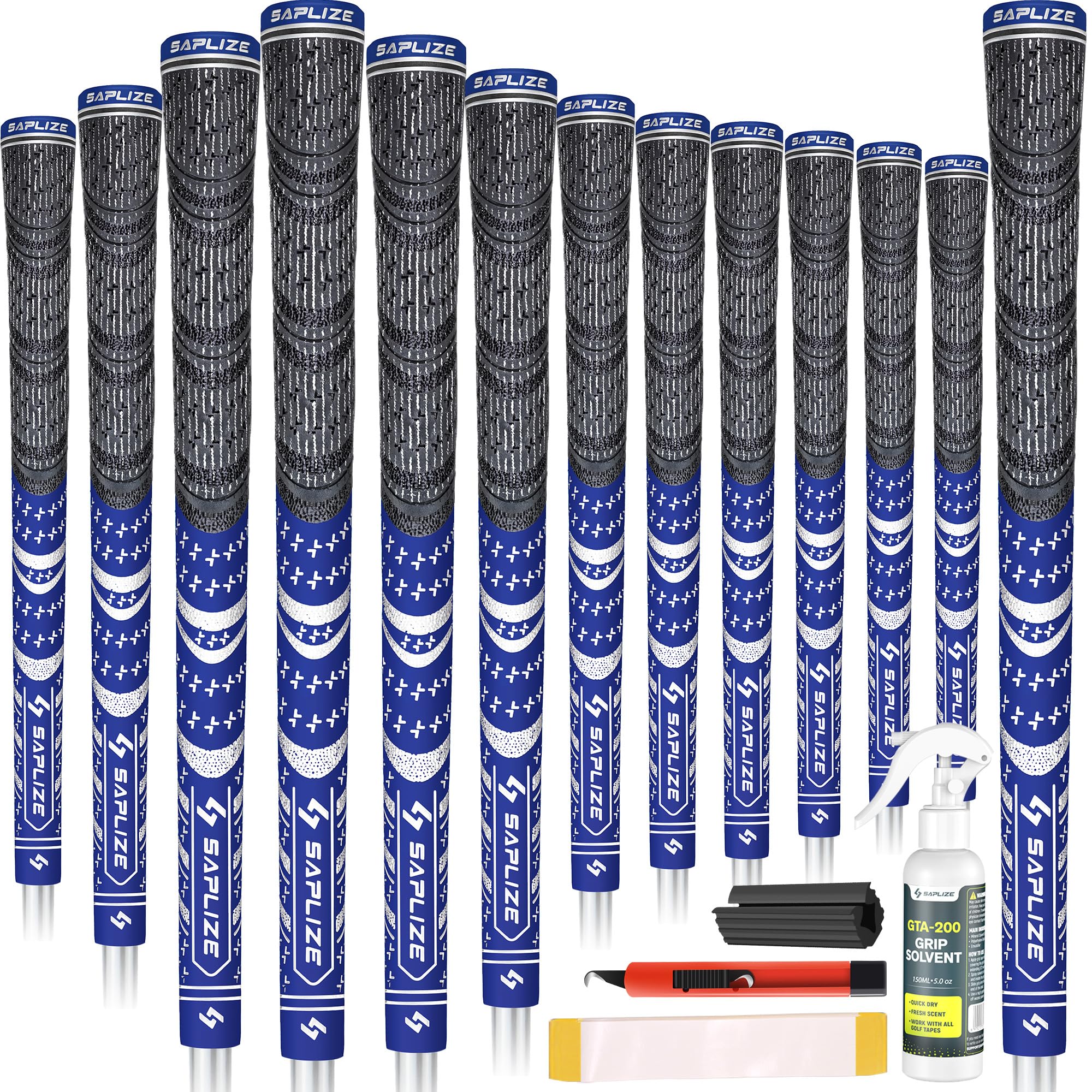 SAPLIZE Golf Grips 13 Piece with Complete Regripping Kit, Midsize, Cord Rubber, Hybrid Golf Club Grips, Blue