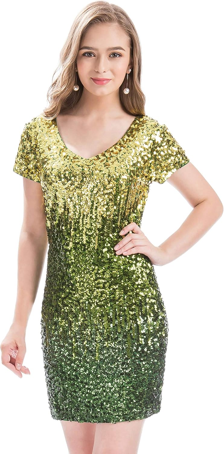 MANER Women's Sequin Glitter Short Sleeve Dress Sexy V Neck