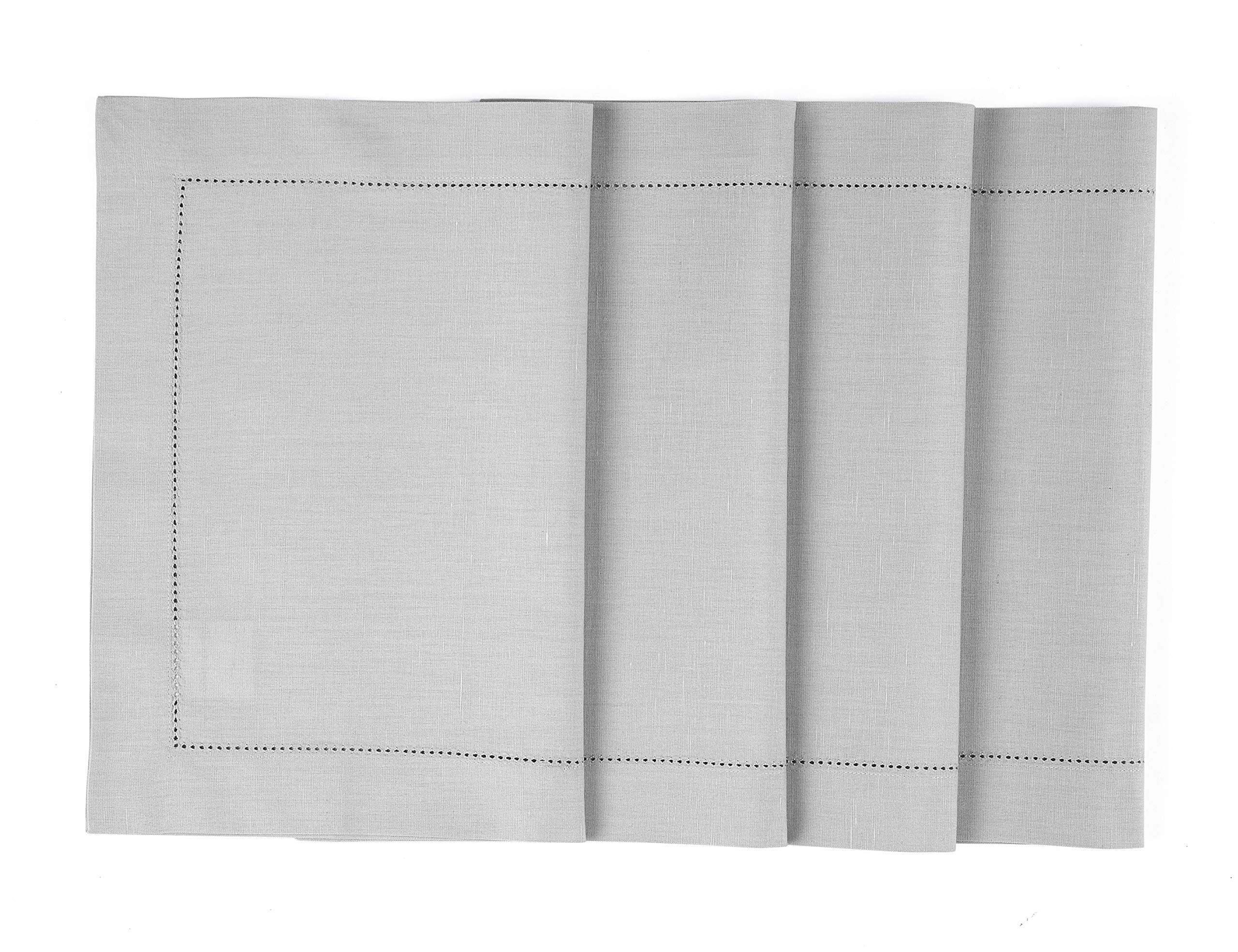 Solino Home Light Grey Placemats Set of 4 - Cotton Linen Hemstitch Placemats 14 x 19 Inch for Summer