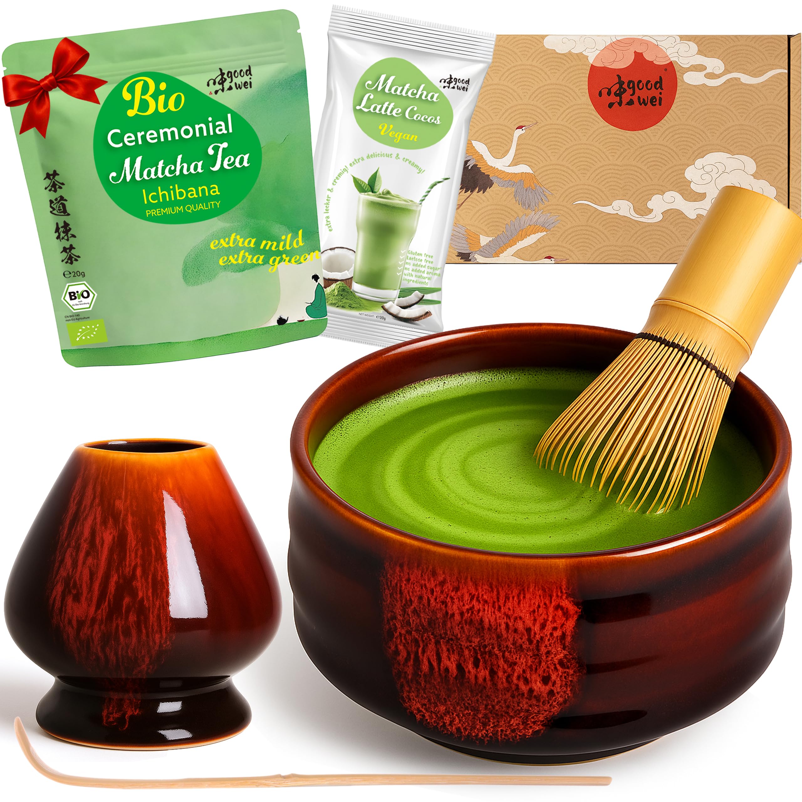 Goodwei Organic Matcha Tea from Japan | Complete Set with Matcha Whisk, Spoon, Matcha Bowl Chawan with Whisk Holder Matching Design | Authentic Tea Ceremony Set (Akai)