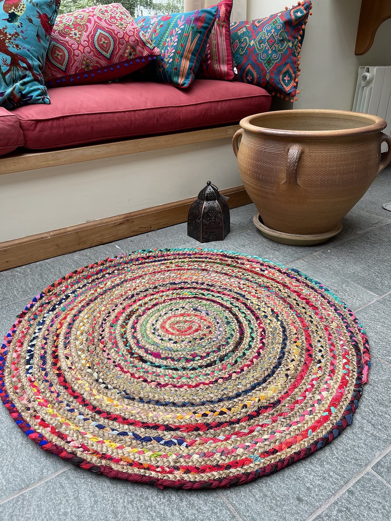 Second Nature Online Mishran Eco Friendly Small Round Braided Rug Flat Weave with Natural Jute and Multi Colour Recycled Material 60 cm Diameter