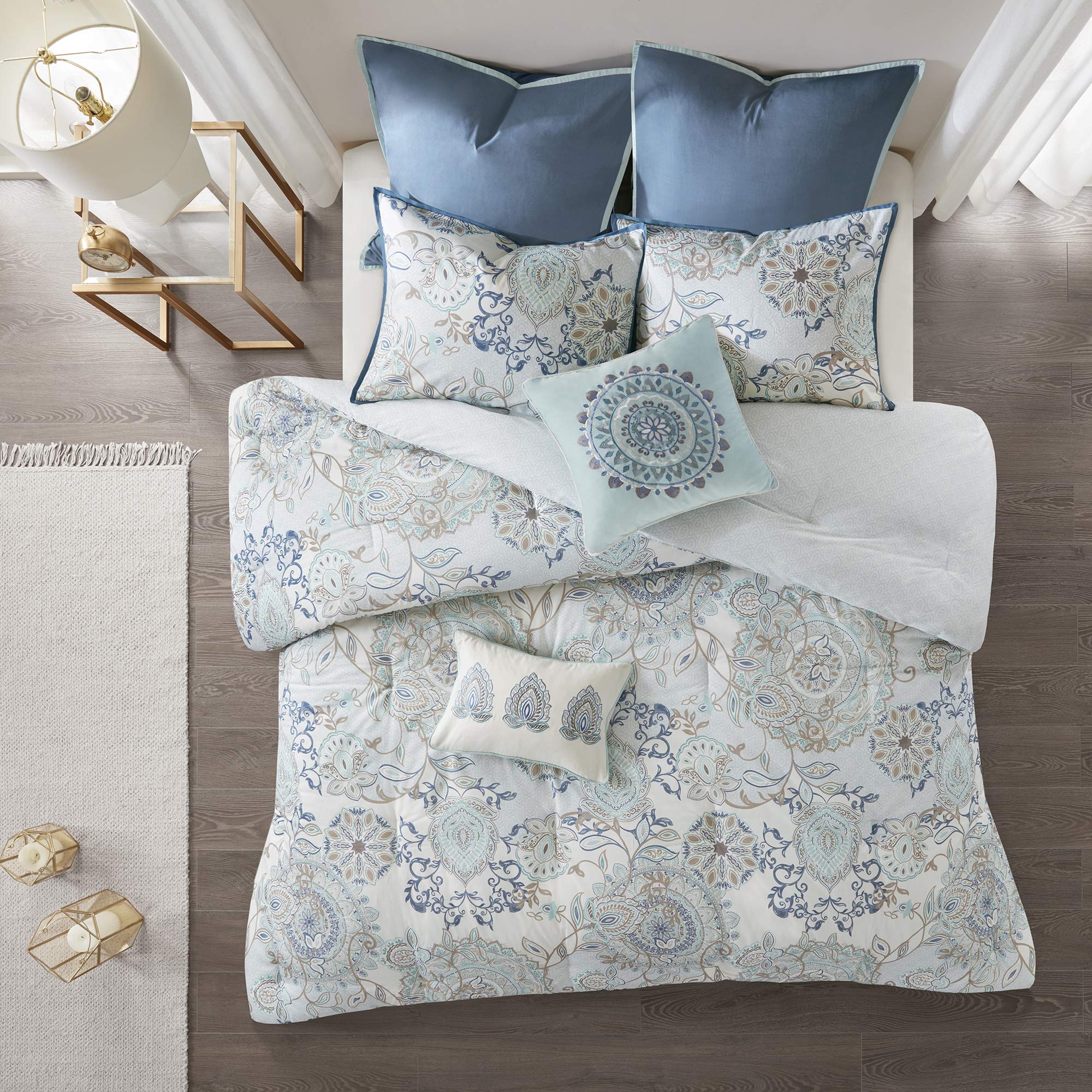 Madison Park Reversible 100% Cotton Comforter Season Set, Matching Bed Skirt, Decorative Pillows, Cal King(104"x92"), Isla, Floral Medallion Blue