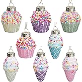 8 Pcs Christmas Tree Ice Cream Cupcake Ornaments, Glitter Macaron Color Cake Ice Cream Glass Hanging Ornaments, Pastel Color Candy Dessert Pendant Decor for Xmas Holiday Birthday Home Party Decoration