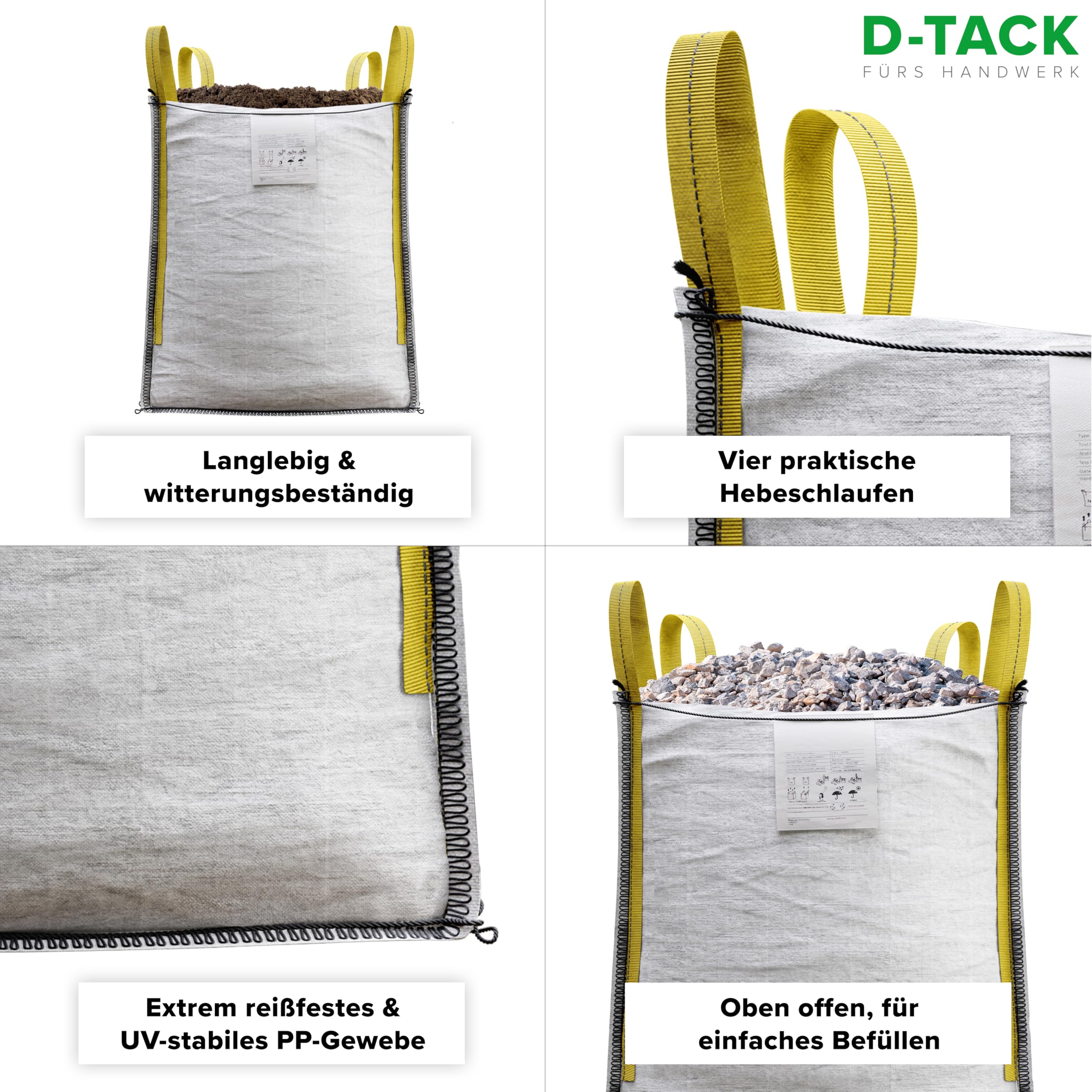 D-TACK 1x Big Bag | 45 x 45 x 60 cm | Säcke für Bauschutt, Holz, Laub, Kies, Sand, Erde, Gartenabfall, Grünschnitt, Pellets | 4 praktische Trageschlaufen | 500 kg | Witterungsbeständig 5
