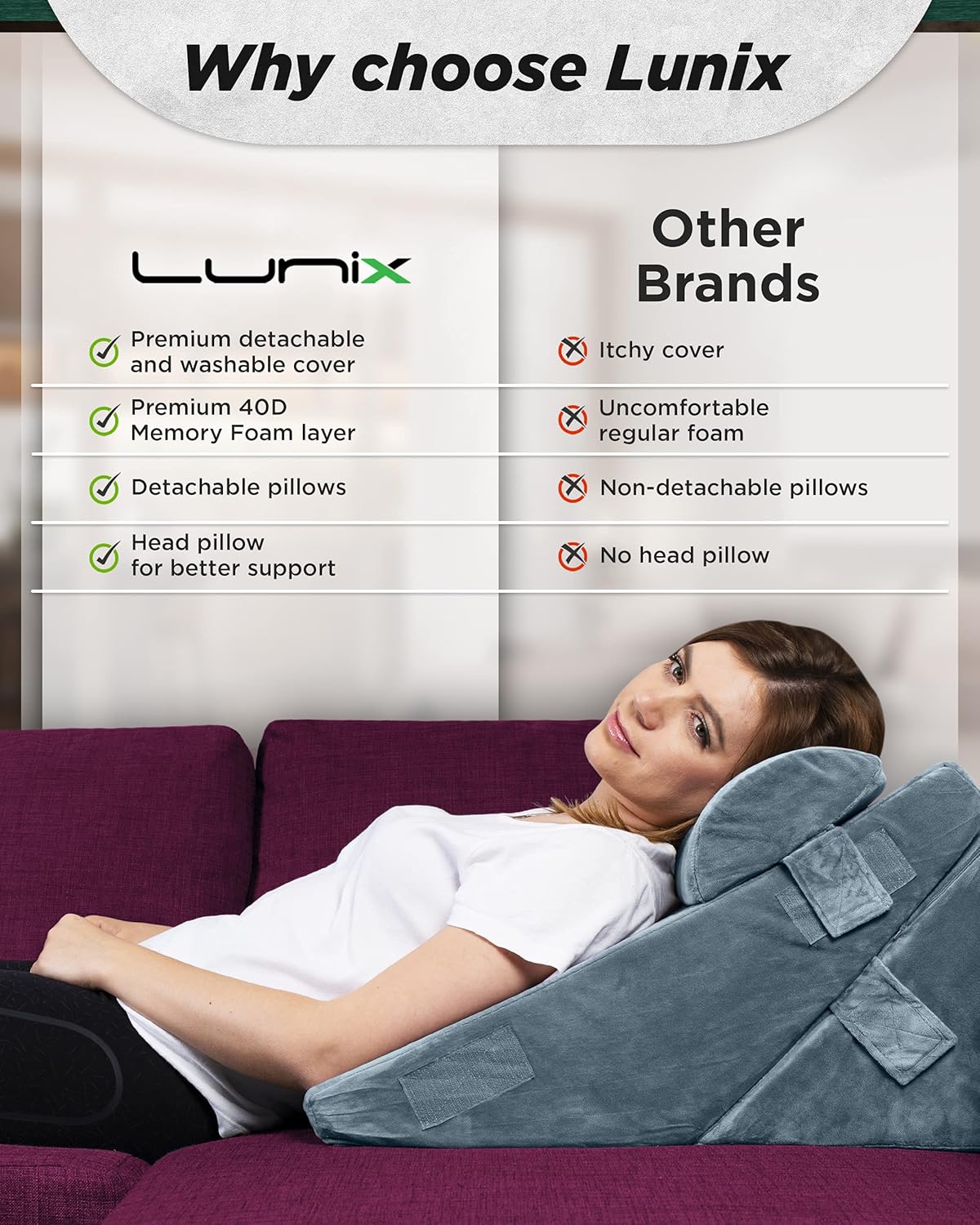 Lunix LX6 3pcs Orthopedic Bed Wedge Pillow Set, Post Surgery Memory Foam for Back,Leg and Knee Pain Relief. Sitting Pillow for Reading, Adjustable Pillows for Acid Reflux and GERD for Sleeping Navy: Kitchen & Dining