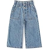 KIDSCOOL SPACE Baby Girls Jeans,Toddler Elastic Waist with D-Ring Slant Pockets Wide-Leg Denim Pants
