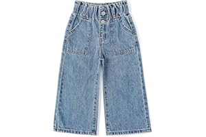 KIDSCOOL SPACE Baby Girls Jeans,Toddler Elastic Waist with D-Ring Slant Pockets Wide-Leg Denim Pants