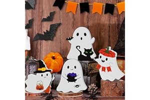 LAIRYAN 4PCS Halloween Ghost Wooden Signs, Cute Halloween Decorations Indoor, Halloween Tiered Tray Decor for Home Party Table Mantle Shelf