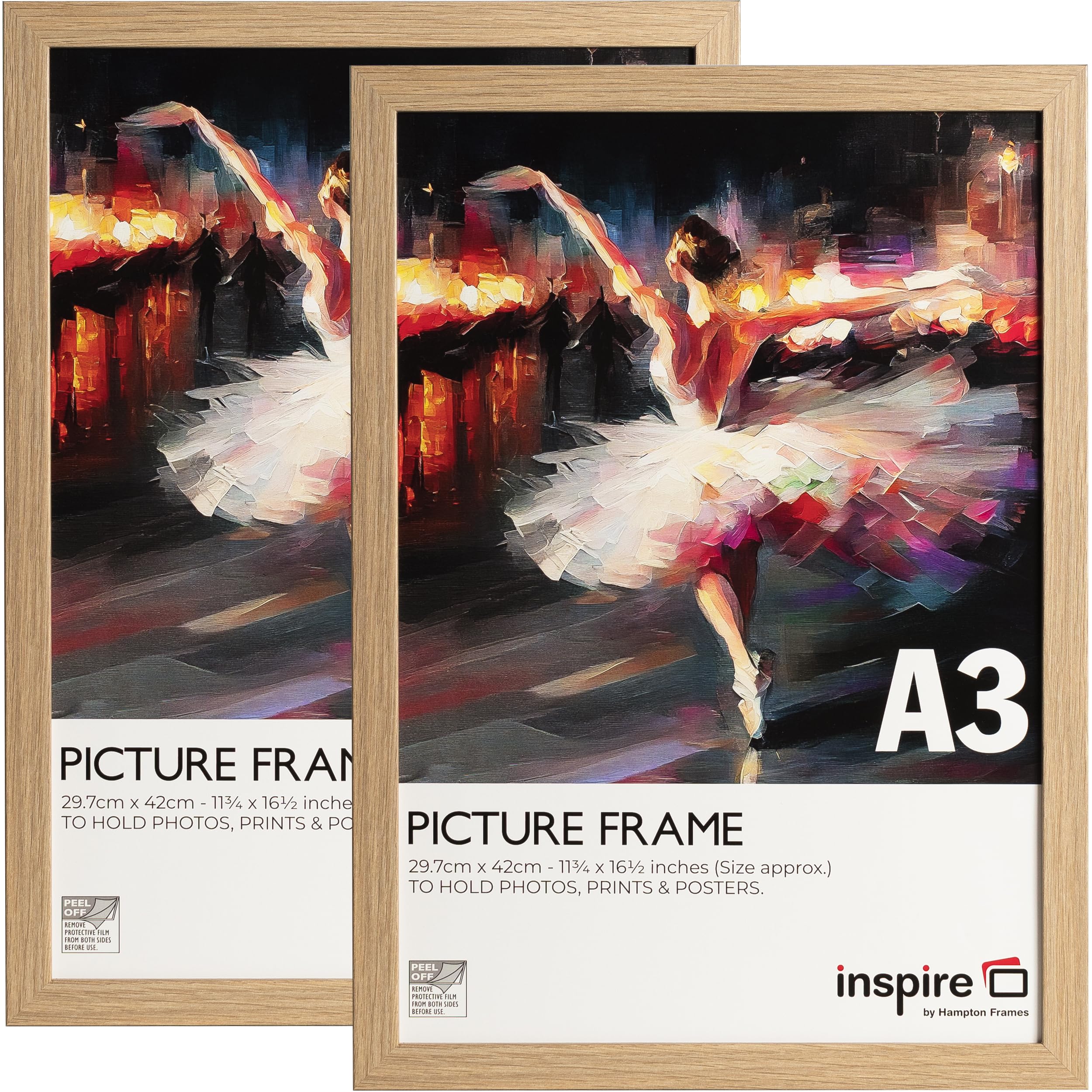 Inspire By Hampton WELFORD A3 (29.7x42cm) Oak Poster Frame Acrylic (Non-Glass) Front Pack of 2