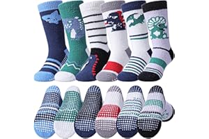 LINEMIN Kids Boys Toddlers Fuzzy Socks with Grips Cute Fun Animal Cozy Fluffy Winter Warm Non Slip Crew Socks 6 Pairs
