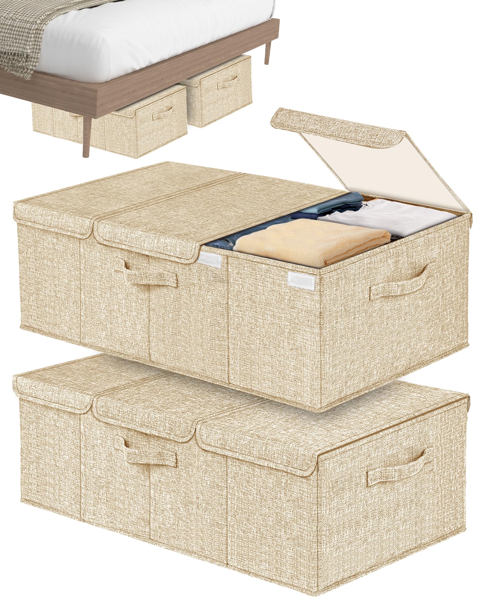 Photo 1 of Hoyula Deep Under Bed Storage Container, 10" Tall Height Underbed Box Bin with Lids 31" Long Large Basket for Under Bed, Bedroom, Dorms, Clothes, Bed sheets, Blankets, 2 Pack, Beige