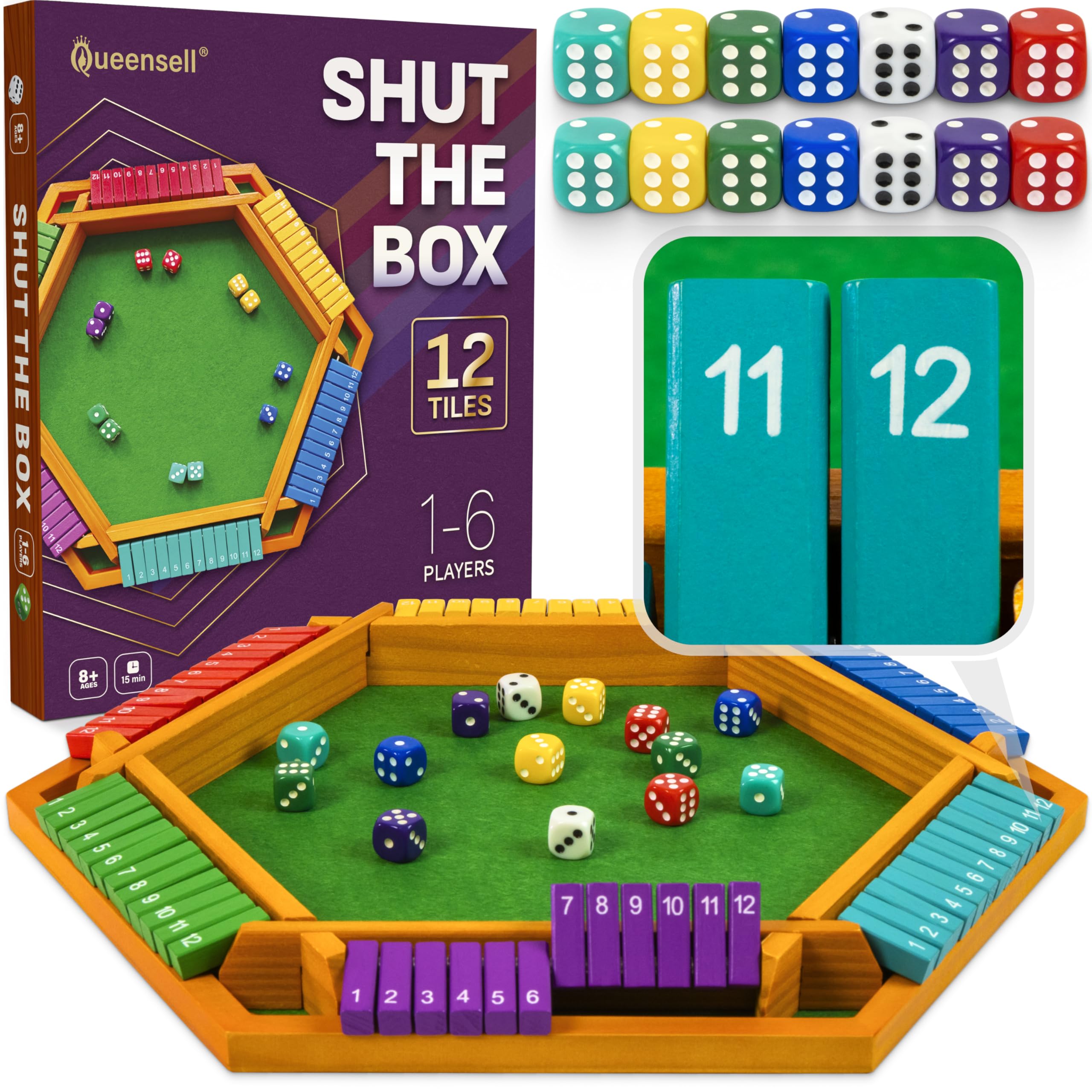 Color Shut The Box Game Wooden Board for 1–6 Players – 16-Inch Large 12 Numbers Dice Board Game for Adults & Kids – Ideal for Family Game Night