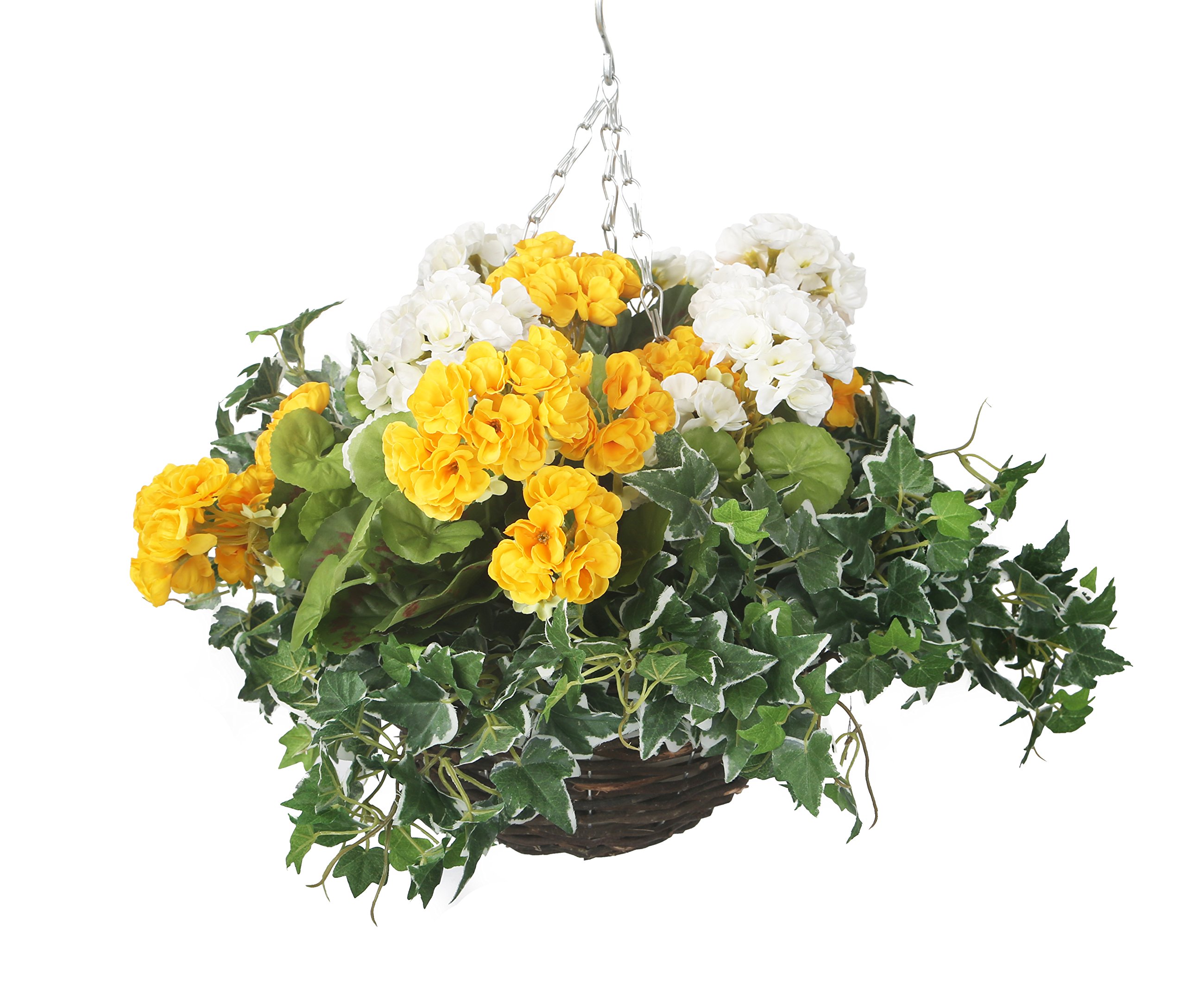 Closer2Nature - Yellow and White Artificial Geranium Display in a 10" Round Willow Hanging Basket; Perfect Faux Flowers Decoration Plants for Vibrant Outdoor Plants in Garden