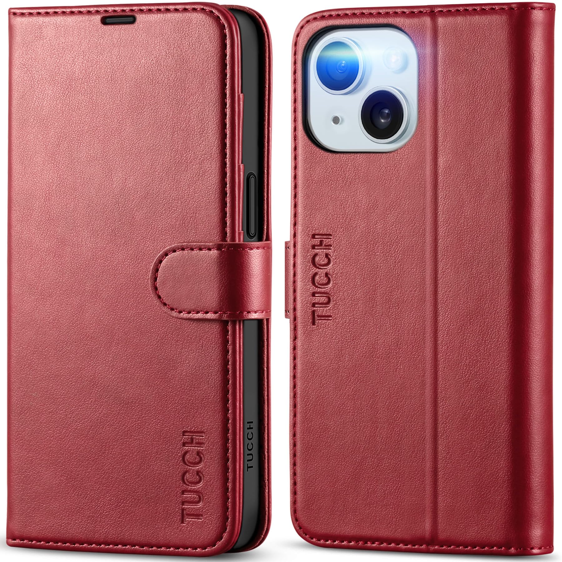 TUCCH Wallet Case for iPhone 15 (6.1") 2023, Magnetic Shockproof PU Leather Foldable Case with [RFID Blocking]Credit Card Slot, Stand Book TPU Flip Folio Phone Cover Compatible with iPhone15, Dark Red — image 1