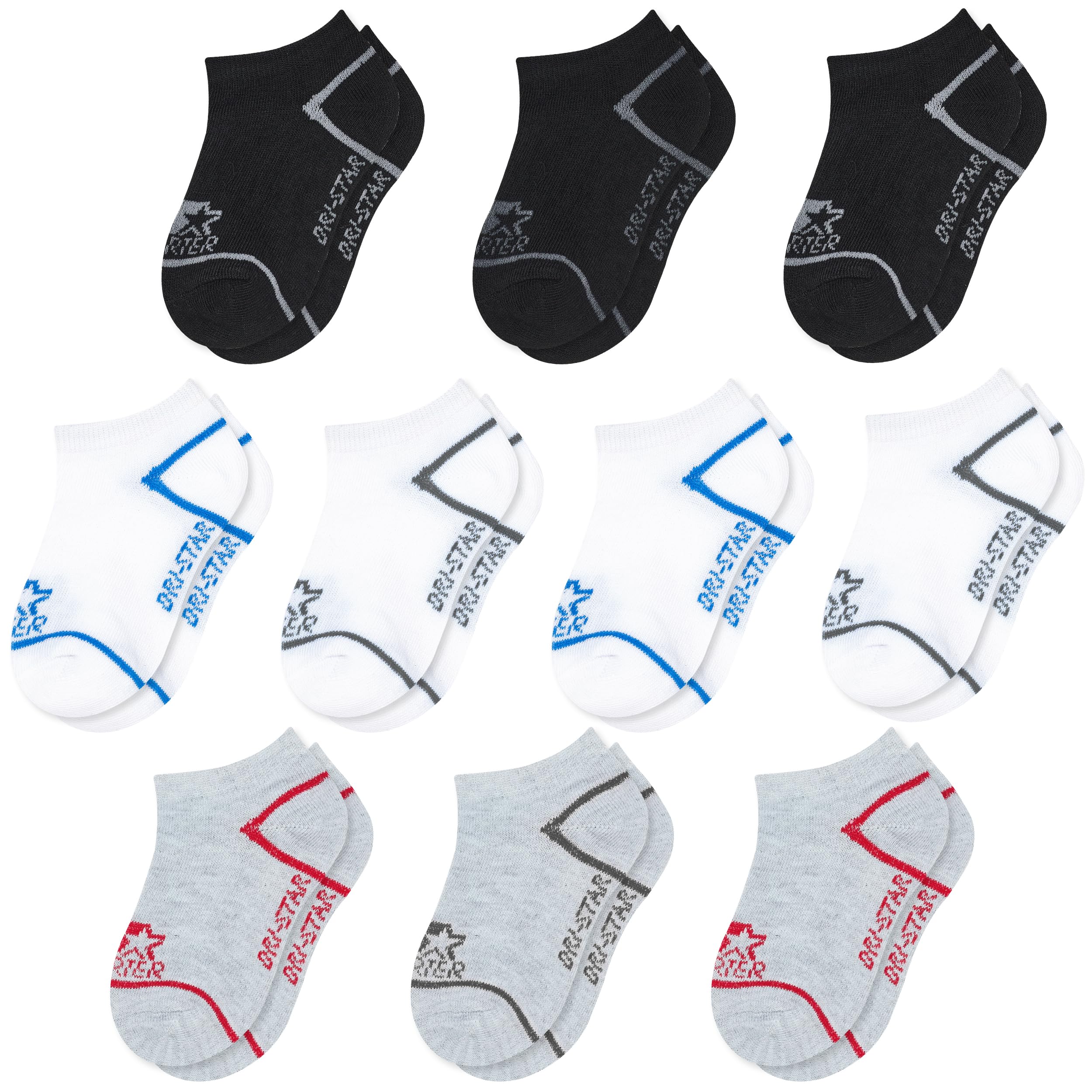 STARTER Youth Boys No Show Socks 10-Pack, Moisture-Wicking Kids Socks Shoe Size 10-4 (White/Grey/Black Multi, Medium)
