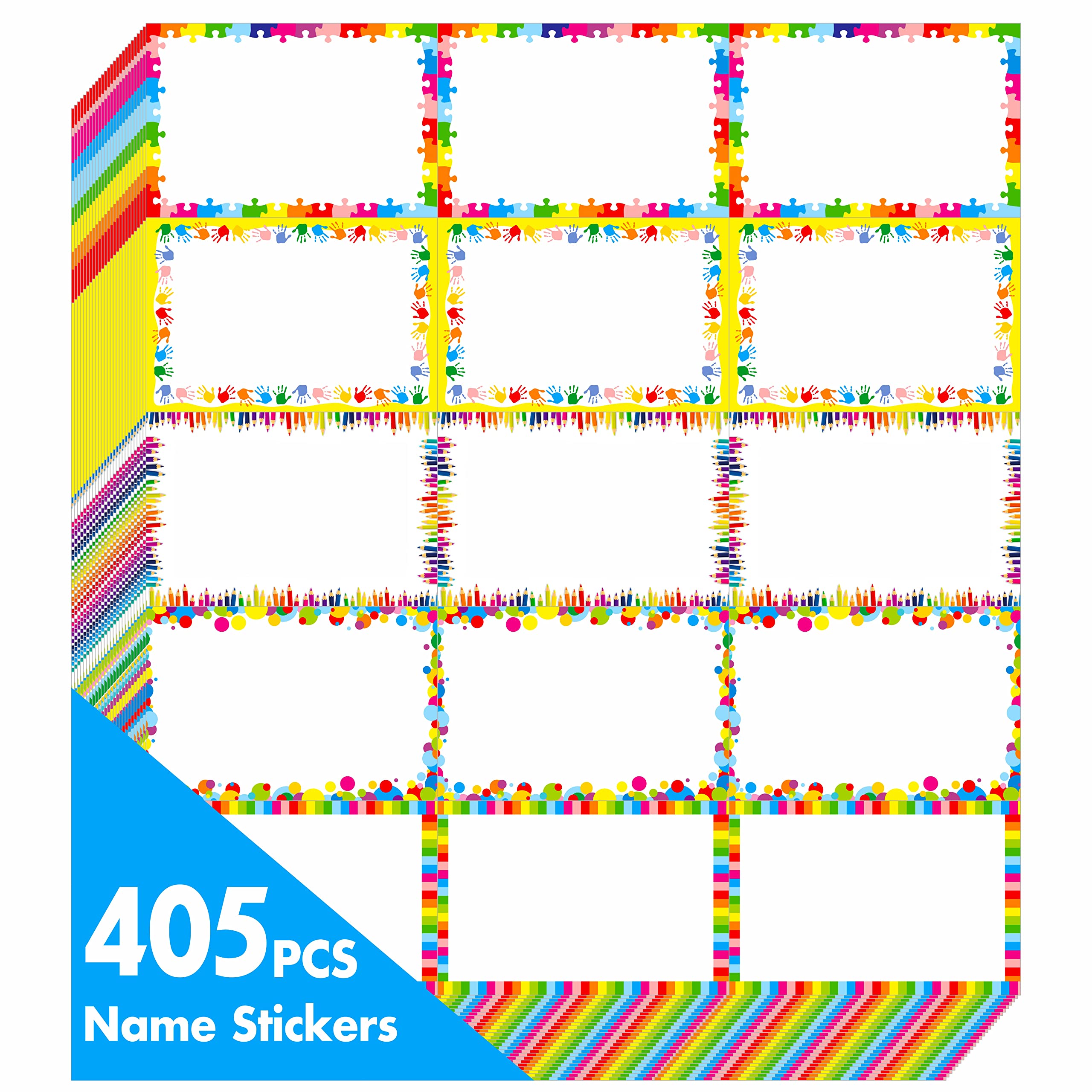 405 PCS Adorable Name Tag Stickers, 5 Rainbow Color Designs for Themed Party School Office Home (3"x2")