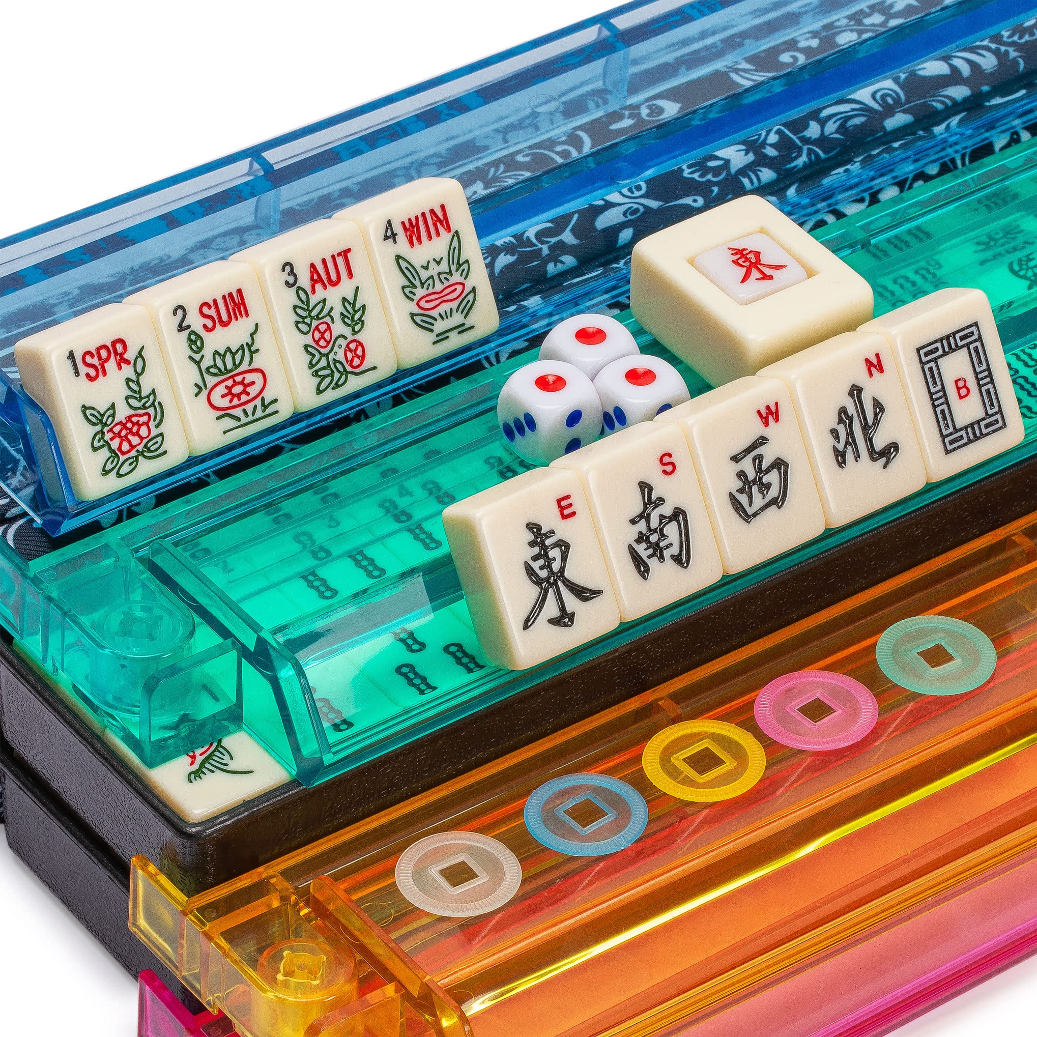 Yellow Mountain Imports American Mahjong Game Set, Blue Calico with Floral Blue Soft Case - All-in-One Racks with Pushers, Wright Patterson Scoring Coins, Dice, and Wind Indicator