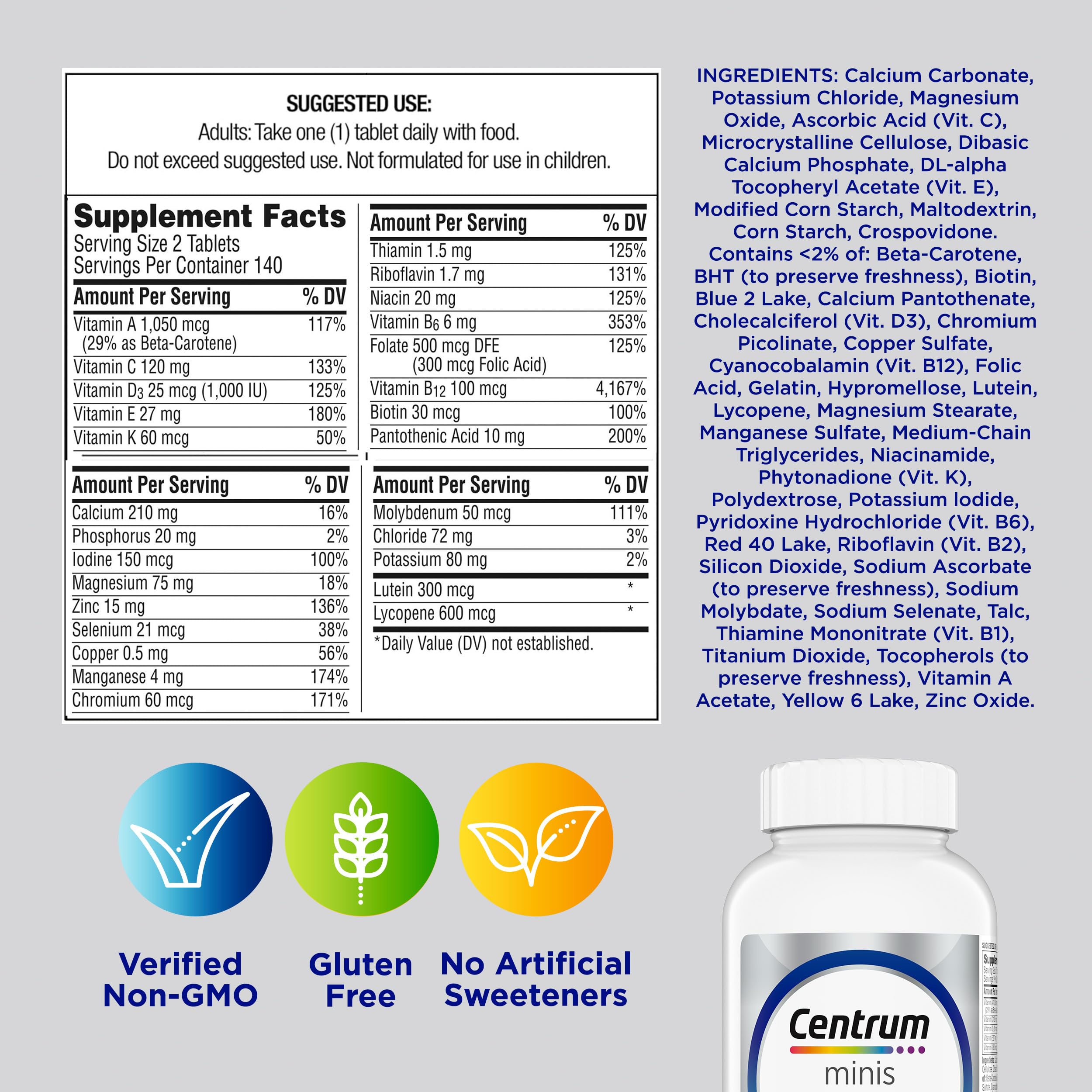 Centrum Minis Silver Multivitamin for Men 50 Plus, Multivitamin/Multimineral Supplement, Vitamin D3, B-Vitamins and Zinc, Non-GMO Ingredients, Supports Memory and Cognition in Older Adults - 280 Ct
