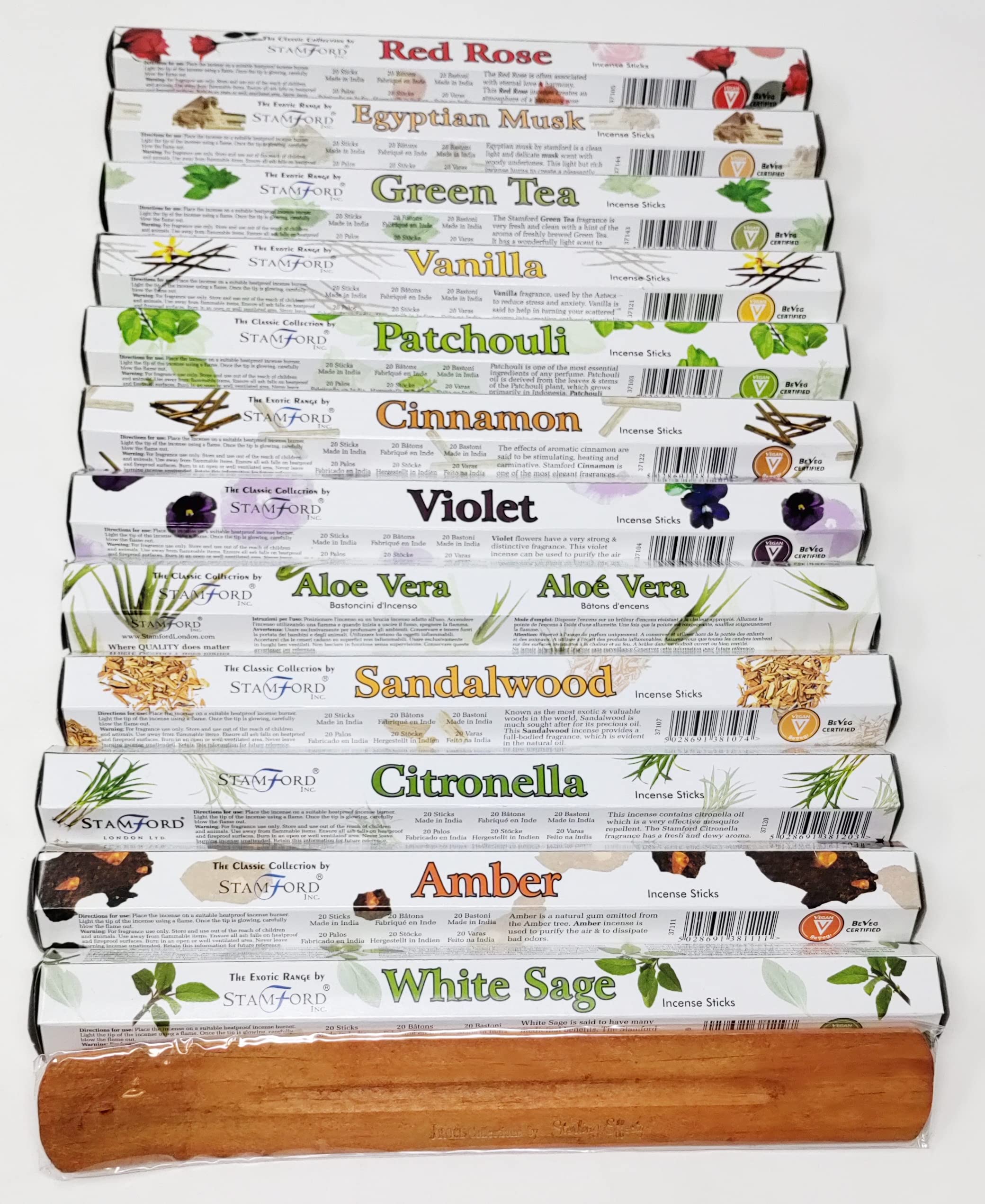 Stamford Incense Sticks Gift Set – 12 Fragrances with JRose Wooden Holder – Aromatherapy & Meditation – 240 Sticks – Red Rose, White Sage, Patchouli, Sandalwood, Amber & More ST12Mix1