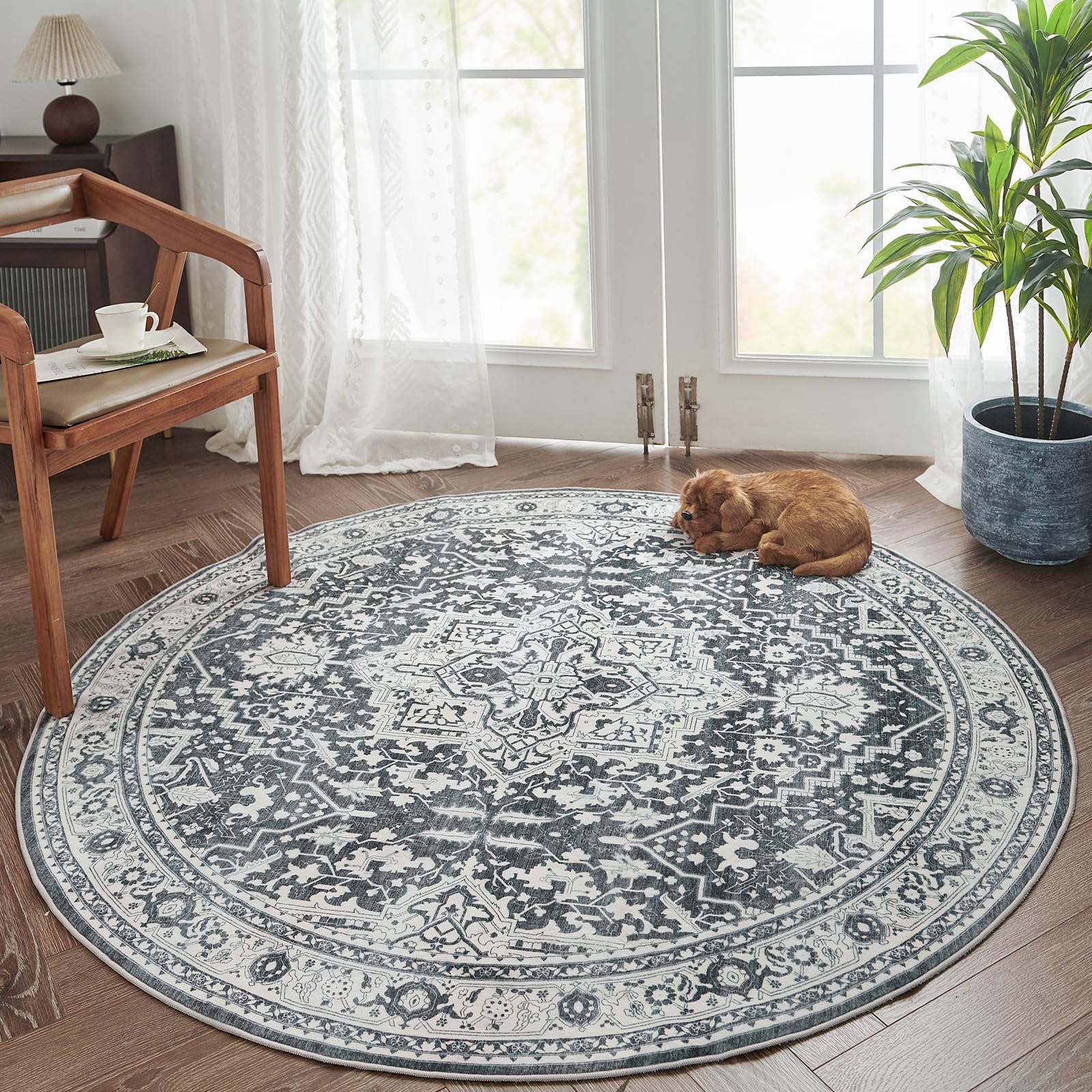 TOPICK Round Rug 120cm Machine Washable Vintage Grey Rug Thin Non Slip Circle Carpet for Kitchen Living Room Bedroom Dining Room Entrance