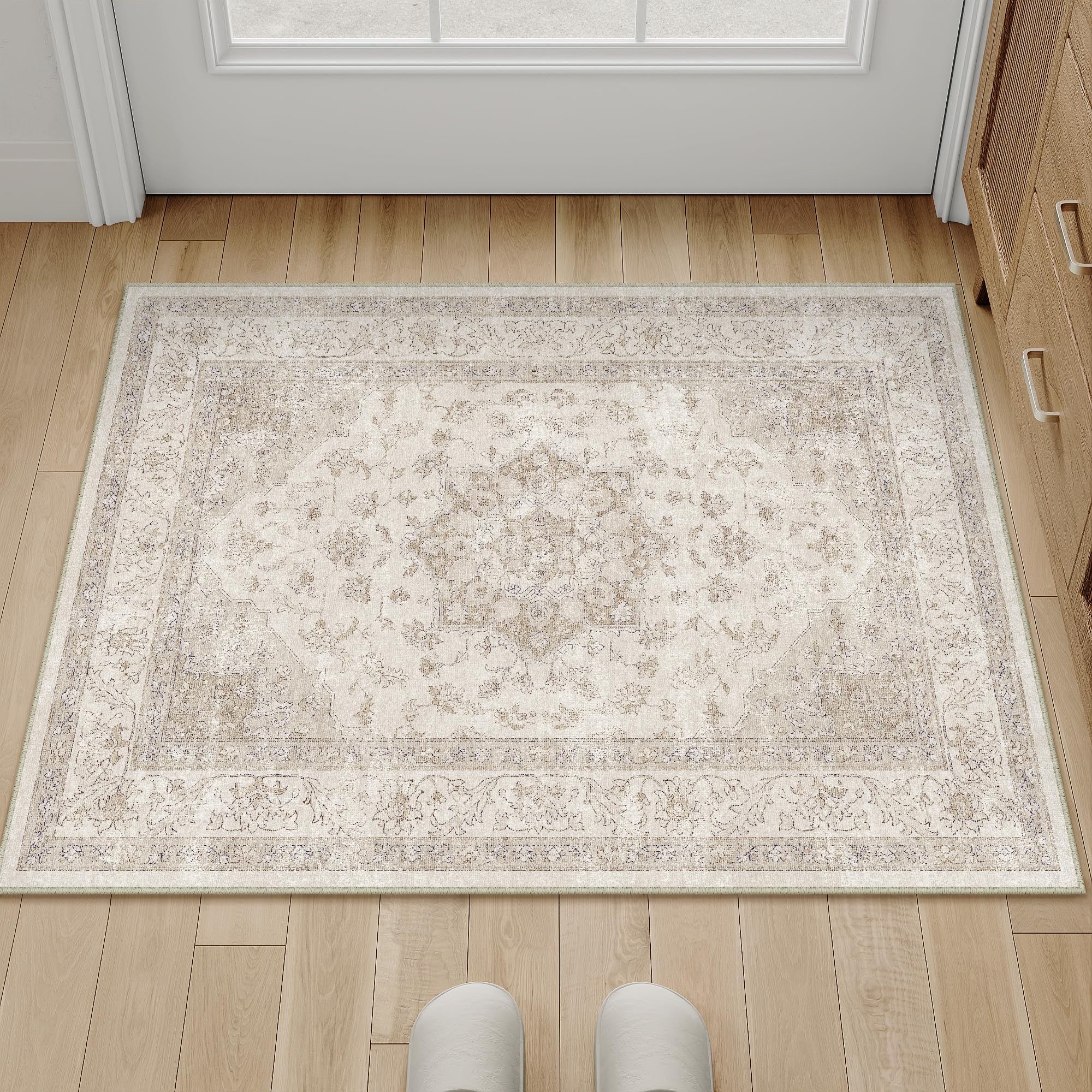 Photo 1 of PureCozy Beige Area Rug 2x3 Washable Vintage Small Carpet for Entryway Kitchen Soft Retro Low Pile Thin Door Mat Non Slip Oriental Medallion Throw Rug for Bathroom Office Bedroom Dining Room