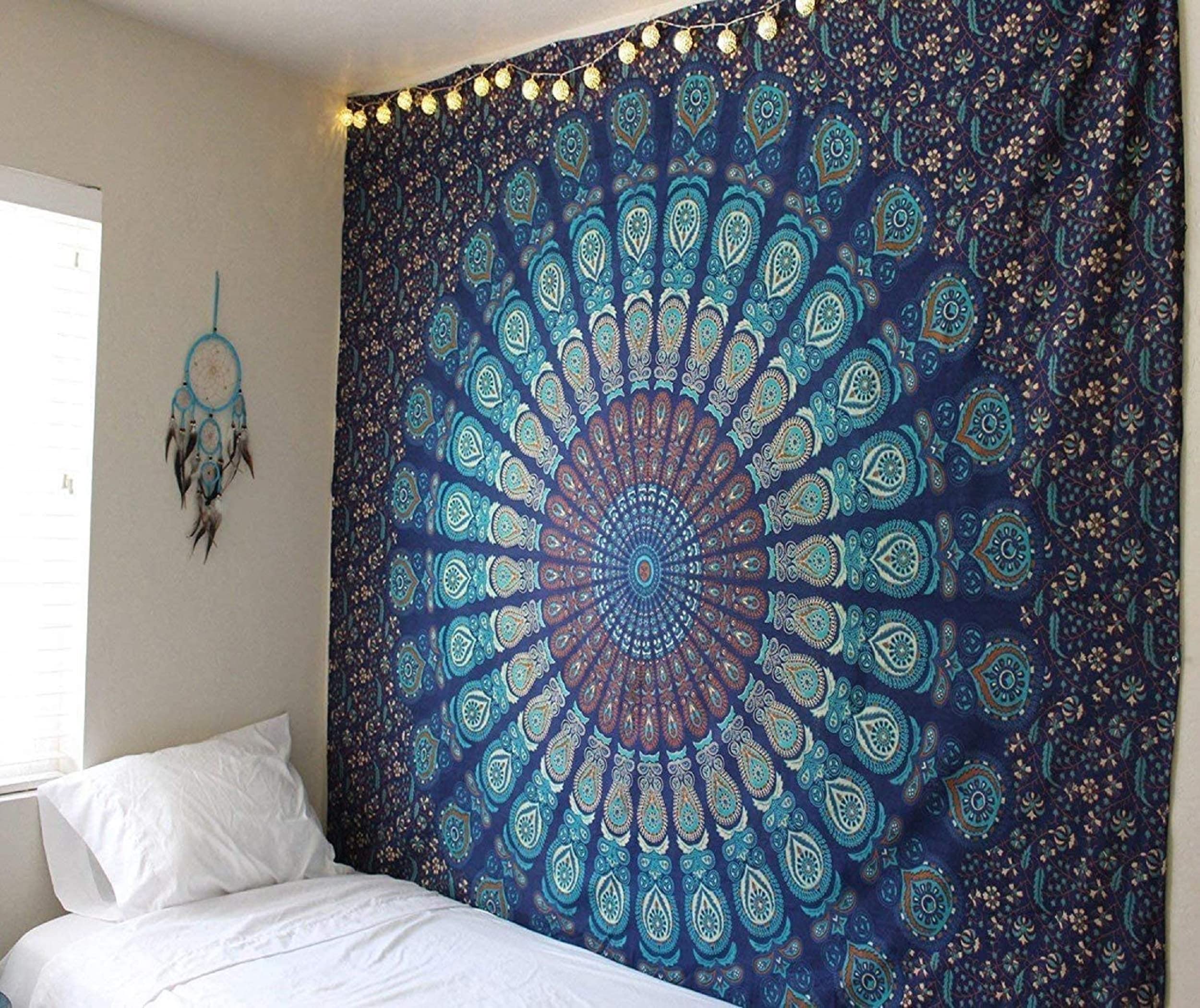 RAJRANG Wall Hanging Tapestry Mandala - 230x274 cm Peacock Bohemian Large Hippie Tapestries Decorative Indian Boho Cotton Beach Throw for Living Room Decor - Blue Green