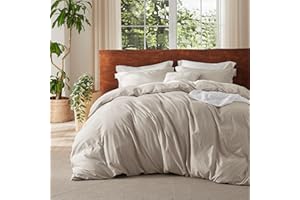 Bedsure 100% Washed Cotton Duvet Cover Queen Size - Linen Color Minimalist Cotton Duvet Cover Linen Like for All Seasons - GentleSoft™ Plain Simple Bedding (Queen, 90"x90")
