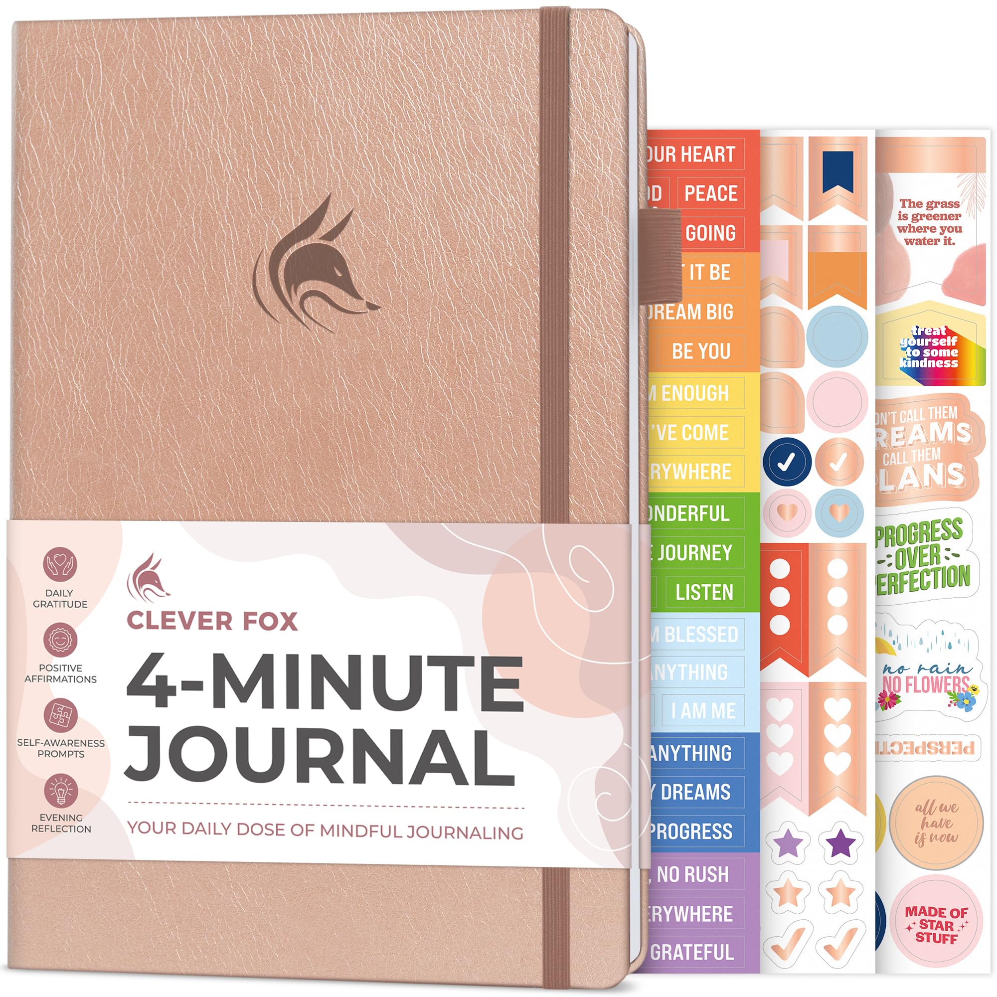 Photo 1 of Clever Fox Four-Minute Journal – Daily Positivity Journal with Prompts – Motivational Affirmation, Mental Health & Habit Tracker (Rose Gold)
