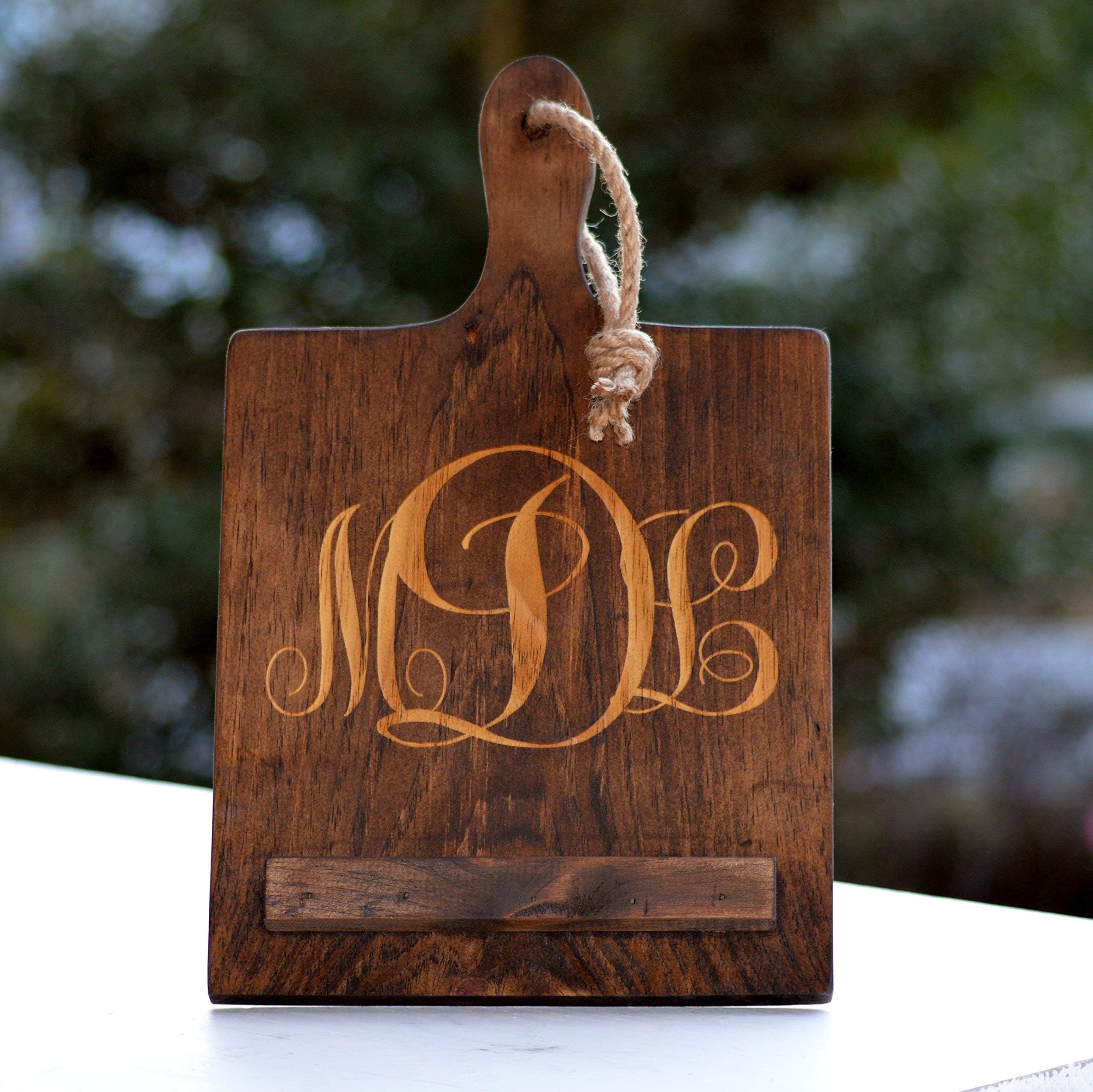 Personalized Ipad Stand Kitchen Tablet Holder Wood Cutting Board Style Ipad Holder Monogrammed Home Decor