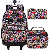 ZLYERT 3Pcs Rolling Backpack for Girls Women, Leopard print Travel Roller Backpacks with Wheels for Adults, Teens College Wheeled Bookbag with Lunch Box(Brown)