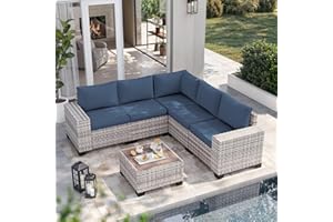 Muphyers 6-Piece Outdoor Patio Furniture Set Wicker Sectional Sofa Set, Patio Conversation Set with Thickened Cushions & Coffee Table for Garden, Backyard, Poolside, Blue