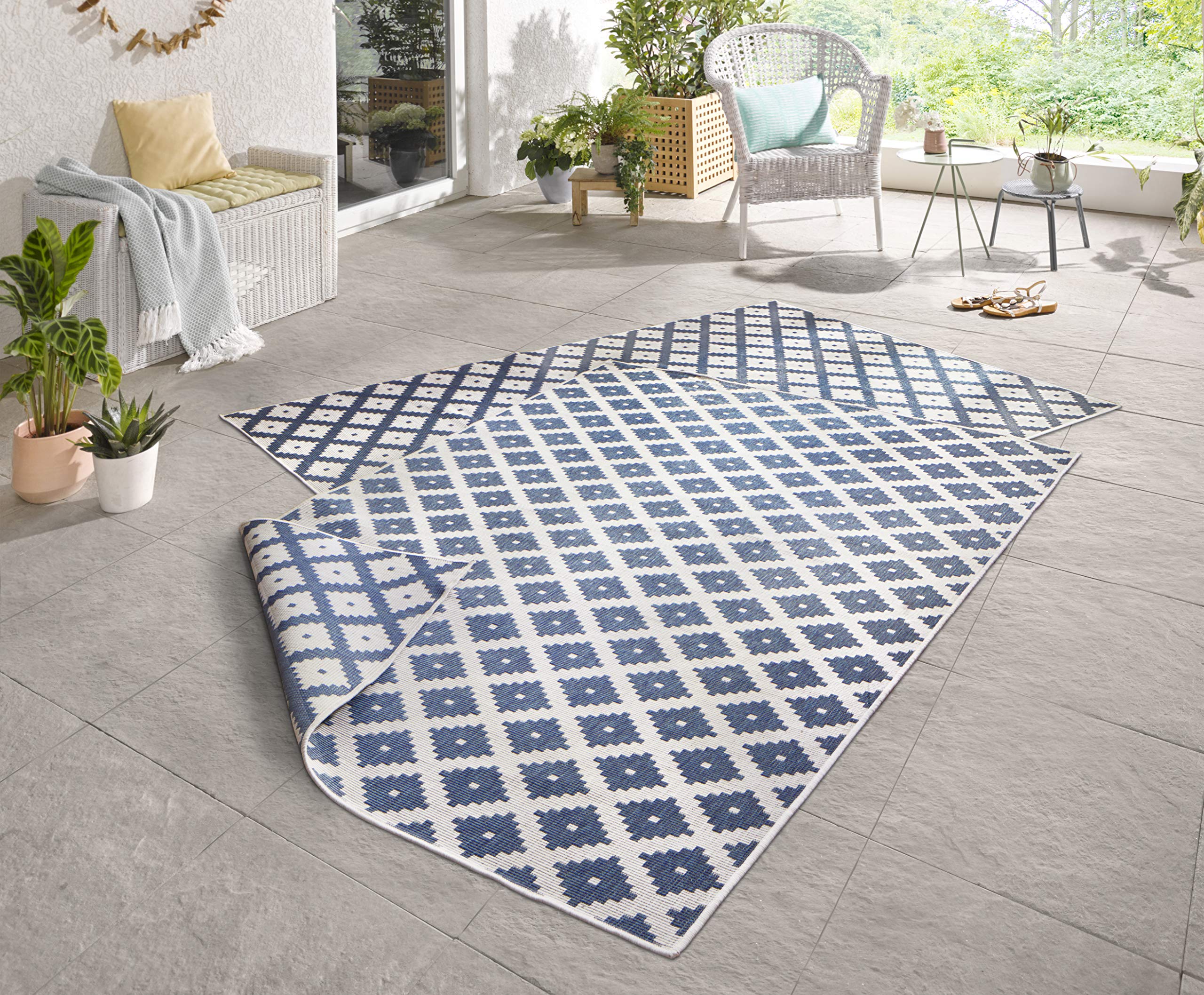 NORTHRUGS Nice Indoor and Outdoor Rug 80 x 150 cm Reversible Rug Weatherproof Modern Geometric Pattern Runner for Balcony Patio Garden Conservatory Living Room Waterproof in Blue Cream