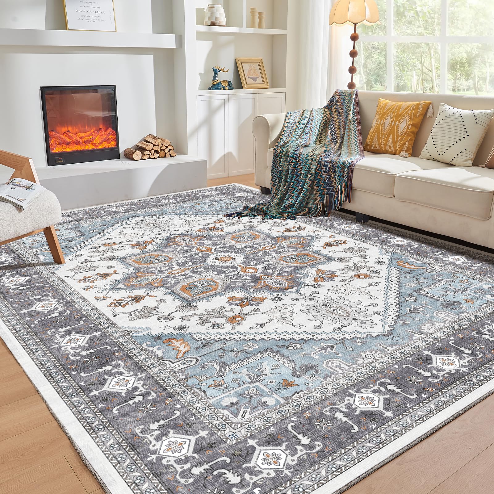 OPPODREAM Soft 6x9 Area Rugs, Washable Rug 6x9 with Non Slip Backing, Faux Cashmere Low-Pile 6 x 9 Carpet, Grey & Teal & Yellow Image