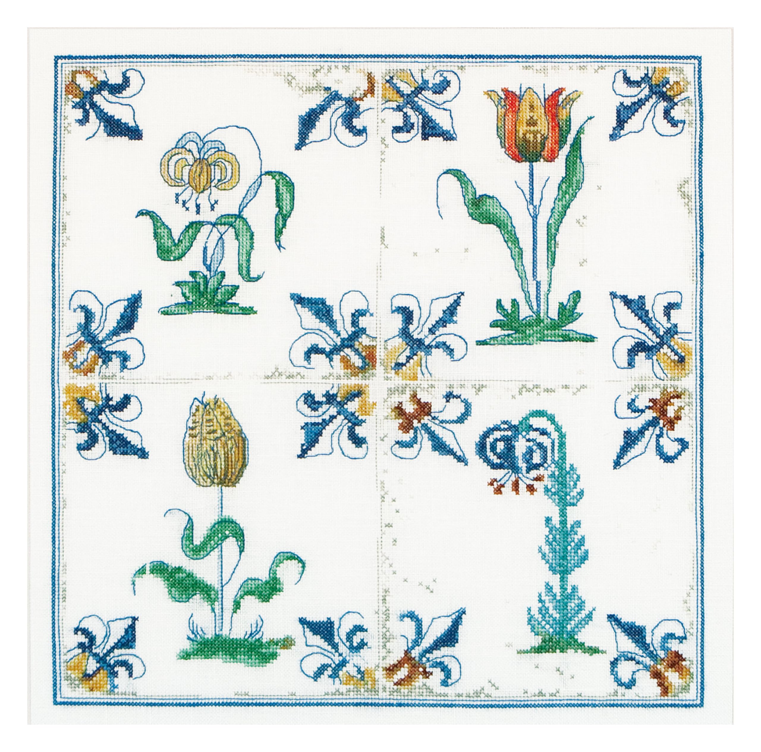Thea Gouverneur - Counted Cross Stitch Kit - Antique Tiles Flowers - Linen - 36 Count - Embroidery Kit for Adults - DMC Embroidery Threads and Other Cross Stitch Supplies Included - 485 โ image 1