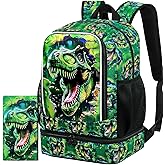 FTJCF 2 In 1 Dinosaur Backpack for Boys, 17" School Bookbag with Lunch Box, Kids Backpacks for Elementary Preschool Kindergarten (Green)