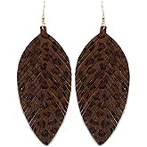 Large Genuine Soft Leather Handmade Fringe Feather Lightweight Tear Drop Dangle Color Earrings for Women Fashion (BROWN LEOPARD 2)