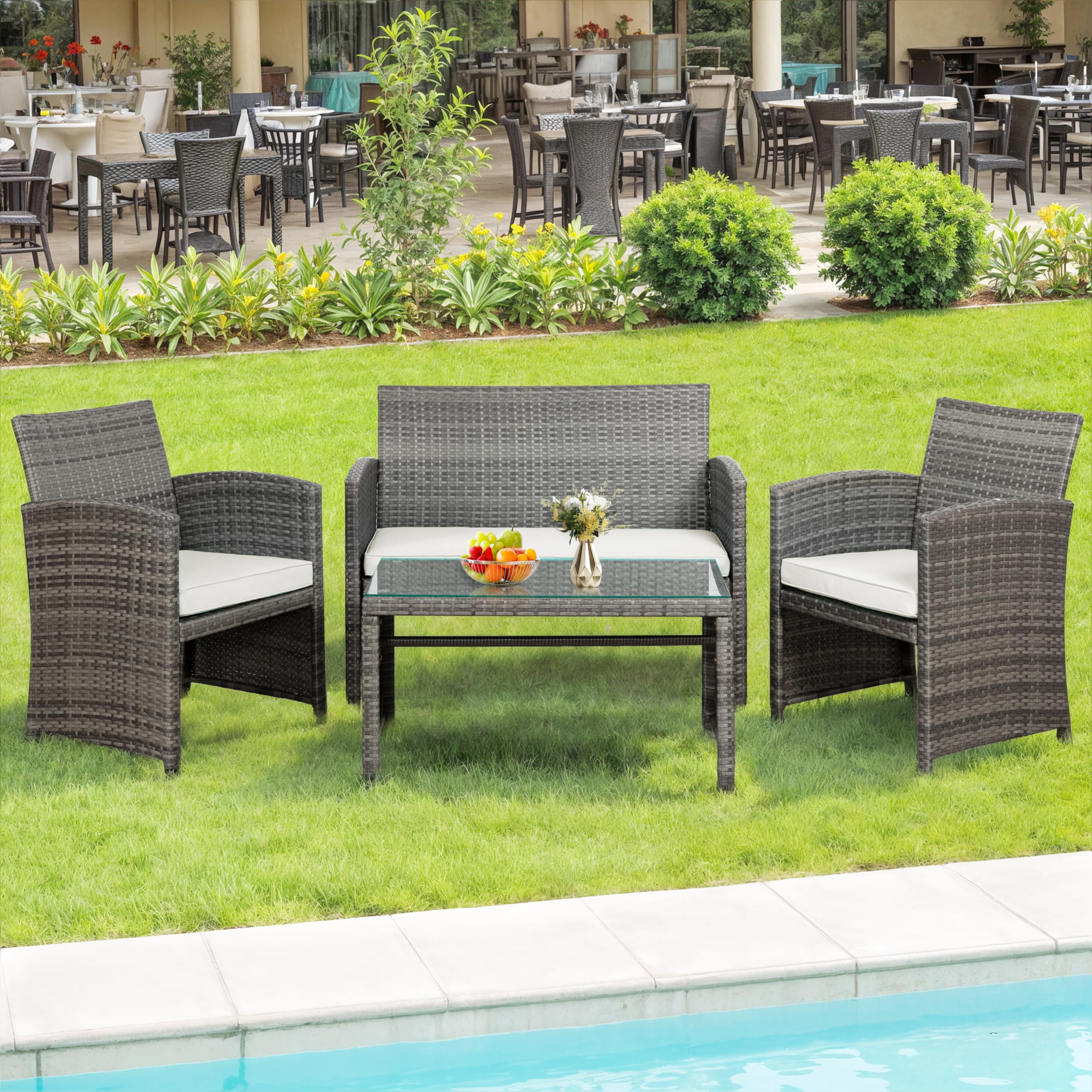 Photo 1 of SUNLEI 4 Piece Outdoor Patio Furniture Set, Rattan Chair Wicker Conversation Set, Backyard Porch Garden Poolside Gray Rattan Sofa Chair with Cushion for Outdoor Indoor Use (White)