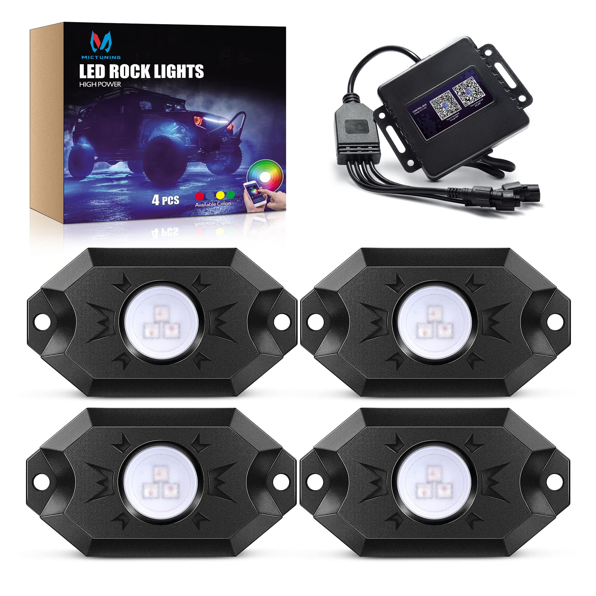 Photo 1 of MICTUNING RGB Rock Lights with Upgraded APP Bluetooth Controller, Timing Function, Music Mode - 4 Pods Multicolor Neon Light Kit